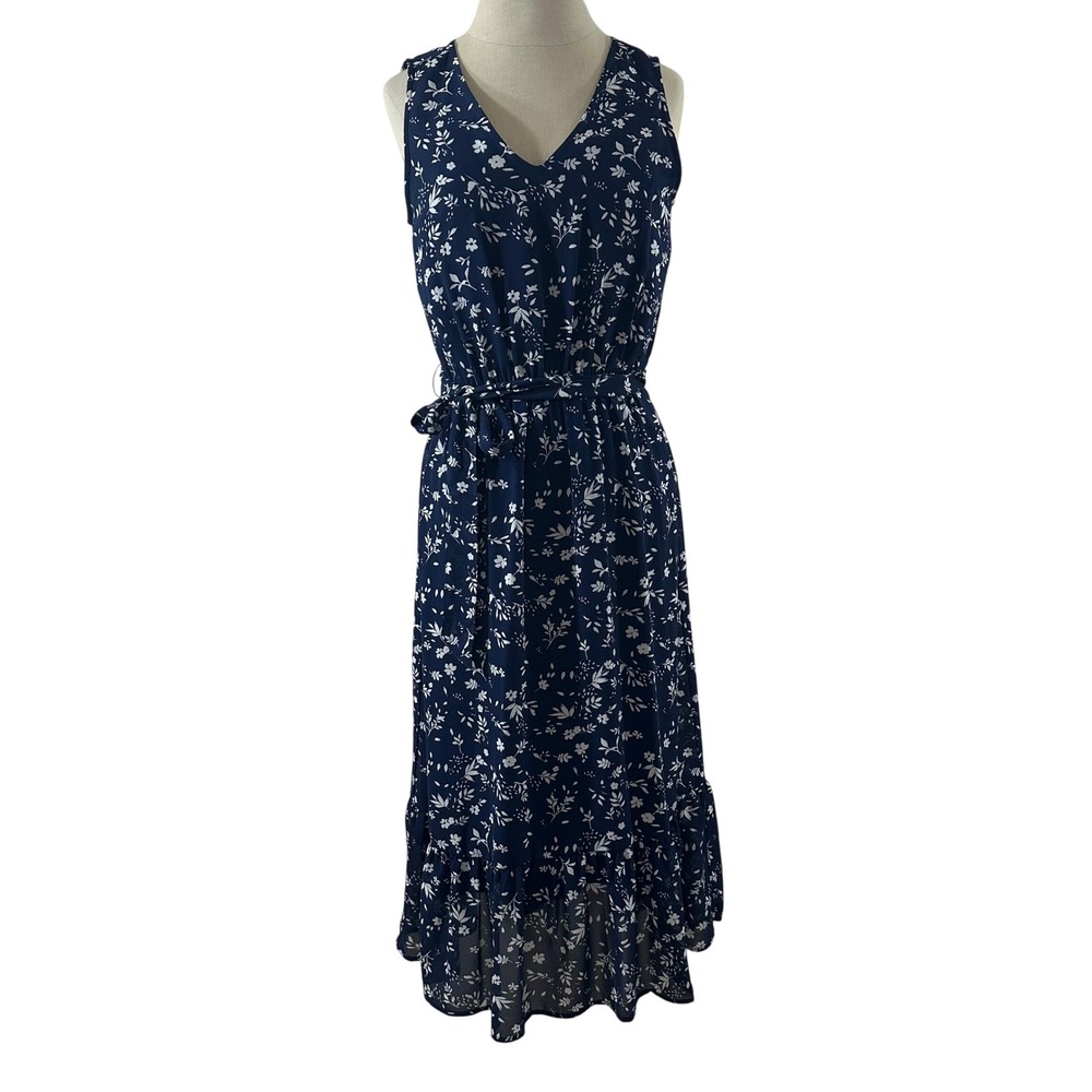 Jane and Delancey Womens XS Navy Blue Floral V-Neck Sleeveless Belt Midi Dress